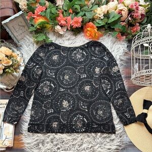Talbots 100% Merino Wool Black Beige Medallion Print Pullover Warm Sweater